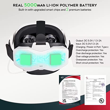 For Oculus/Meta Quest 2 Elite Strap With 5000mAh Battery Store Extend 2hrs Playtime LEDs Indicator Adjustable Head Strap