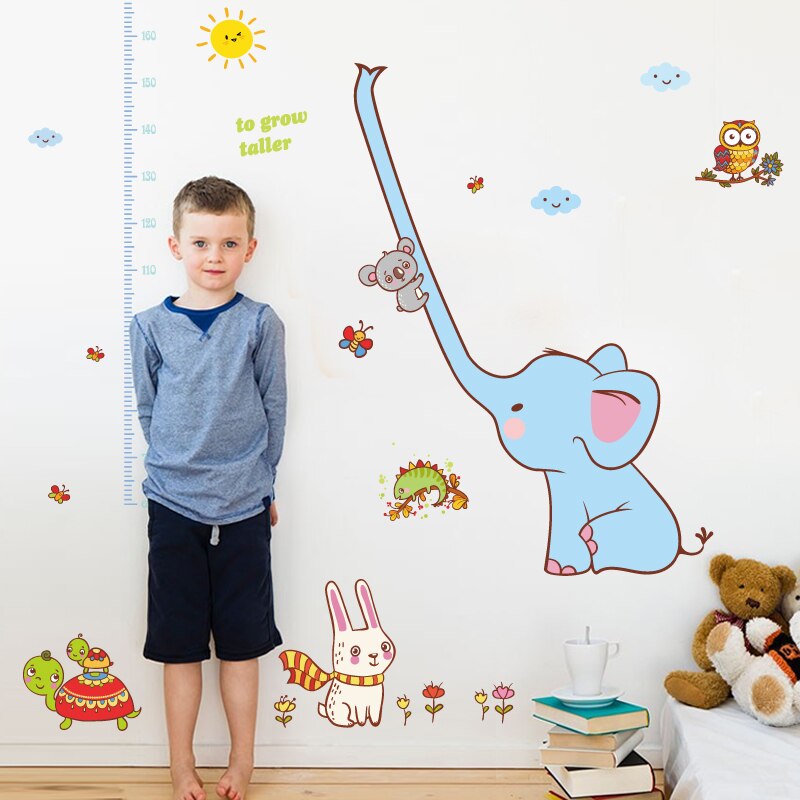 Friendly Cartoon Animals Kids Height Wall Stickers for Baby Rooms Lovely Giraffe Elephant Cats Home Decor PVC Vinyl Wall Decals