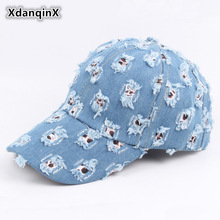 Xdanqinx damekasket vintage gammelt hul dekoration cowboyhatte til kvinder justerbar størrelse vasket denim personlighed hip hop hat