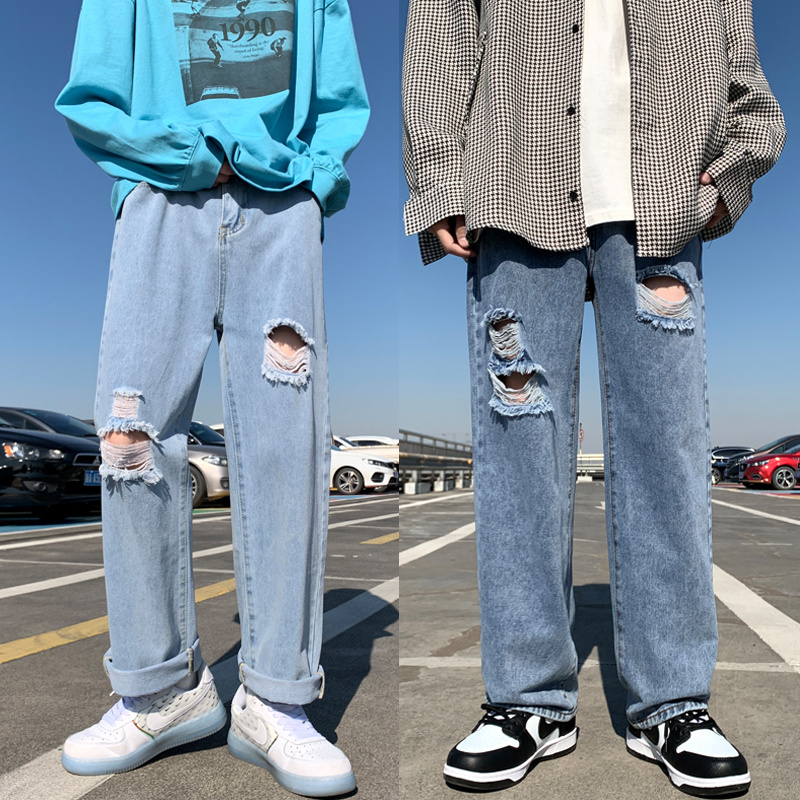 Spring Summer Blue Ripped Jeans Men Casual Straight Jeans Men Streetwear Loose Hip Hop Hole Denim Pants Mens Trousers