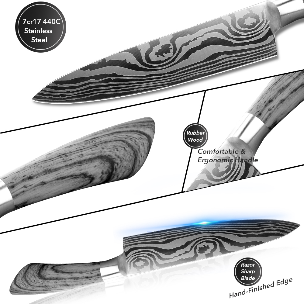 Cuchillo de cocina de acero inoxidable 7Cr17 440C, herramienta de Chef de Damasco para dibujar carne, Santoku, 1-9 piezas
