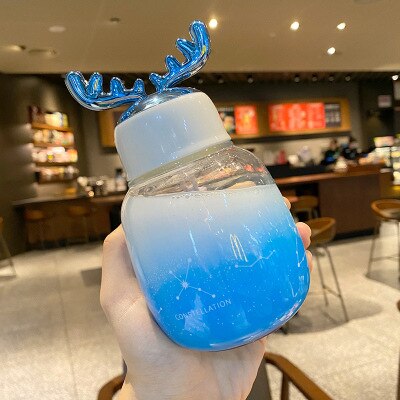 Söt vattenflaska för tjejer studenter barn kawaii genomskinligt glas vatten kopp skrubba drinkware flaska med rep lock: Blå