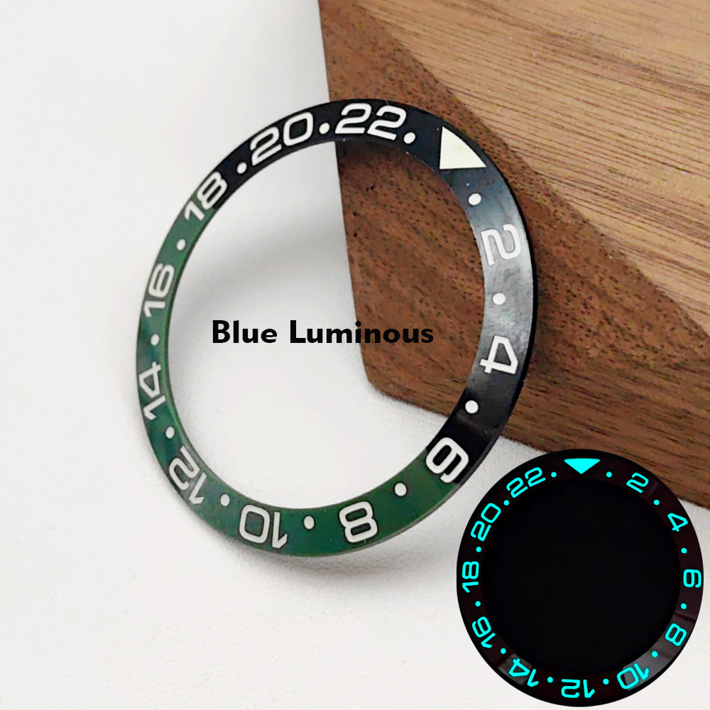 Inserto de bisel de reloj GMT luminoso azul de 38mm apto para SKX007 SRPD GMT caja de reloj NH35 piezas de anillo de inserción de bisel de cerámica: T18/22