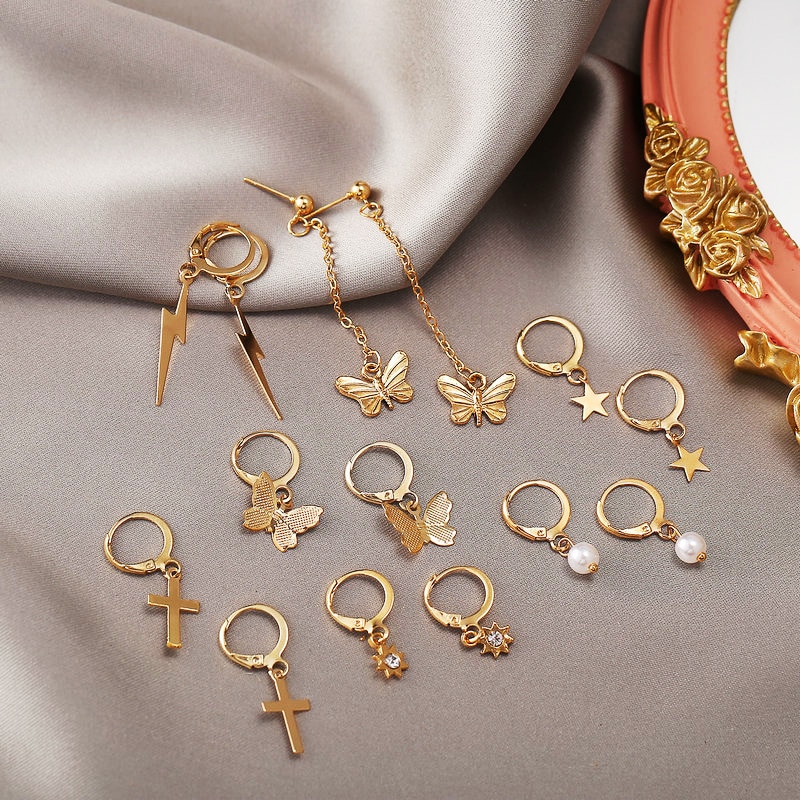 7 Pairs Nette Kristall Schmetterling Kreuz Stern Anhänger Ohrringe Für Frauen Mädchen Gold Farbe Huggies Hoop Ohrring Set Mix Stil schmuck