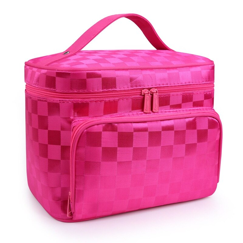 Do Not Miss Women Cosmetic Makeup Bag Folding Travel Makeup Organizer Bag Waterproof Cosmetic Bag Makeup Brushes Case Wash Bags: Rose red lattice