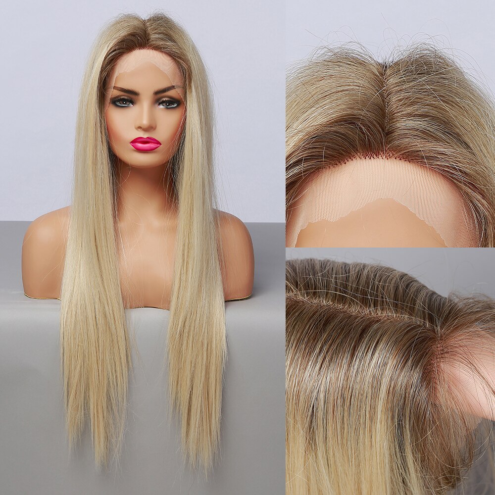 ALAN EATON Synthetic Lace Front Wig Natural Middle Part Ombre Brown Light Blonde Long Straight Lace Hair Heat Resistant Fibre