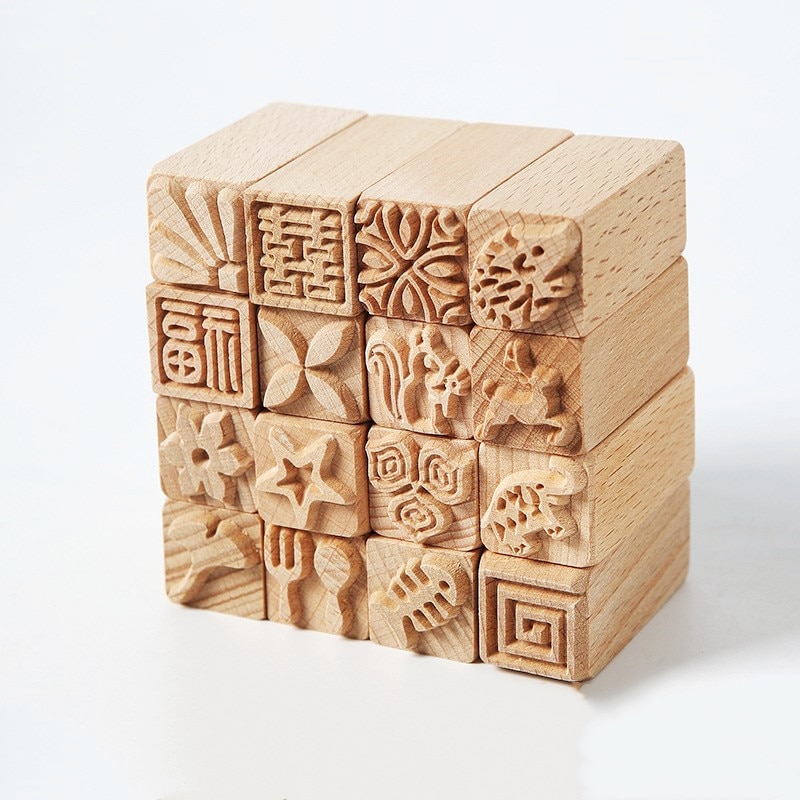 16pcs of pottery wood texture texture seal solid wood cartoon moon cake printing tool pottery mud plastic mold stamp