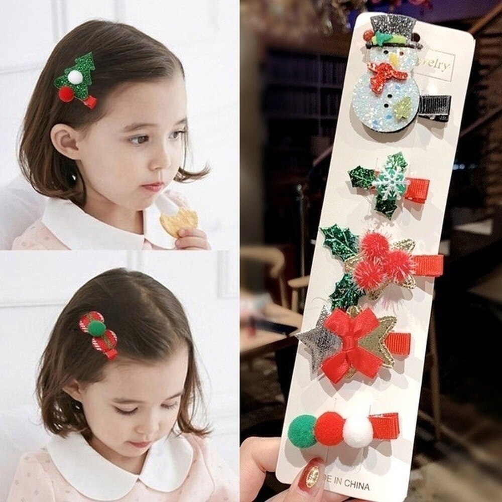 5pcs/set Christmas Hair Accessories Snowman Santa Claus Side Hair Pinch Autumn Winter Lovely Christmas Hairpin Set Jewelry