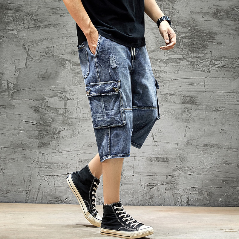 Mænd denim shorts store lommer motor biker stil jean kort afslappet streetwear fritid mandlige sommer hjem bukser