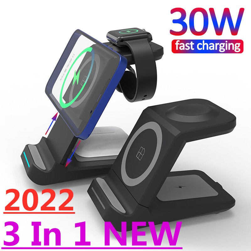 30w 3 in 1 magnetische kabellose ladestation für iphone 13 12 11 xr 8 apple watch qi schnellladestation für airpods pro iwatch 7 6