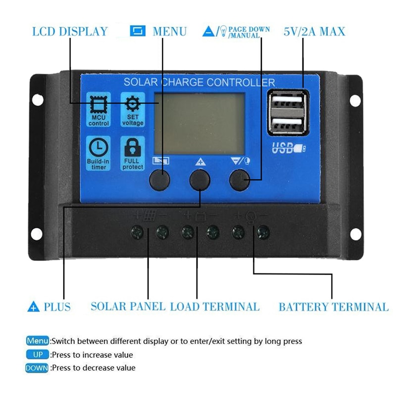 60A/50A/40A/30A/20A/10A 12V 24V Auto Solar Charge Controller PWM Controllers LCD Dual USB 5V Output Solar Panel PV Regulator