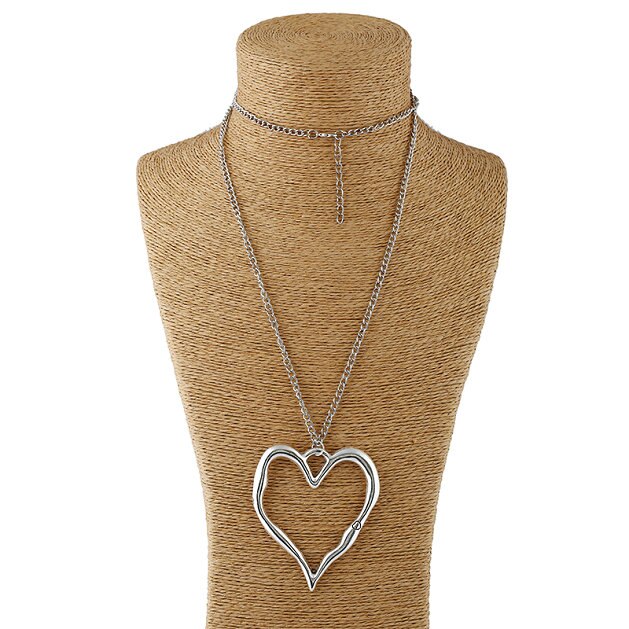 1pcs Antique Sliver Statement Large Abstract Metal Heart Pendant Long Curb Chain Lagenlook Necklace for Women: 5