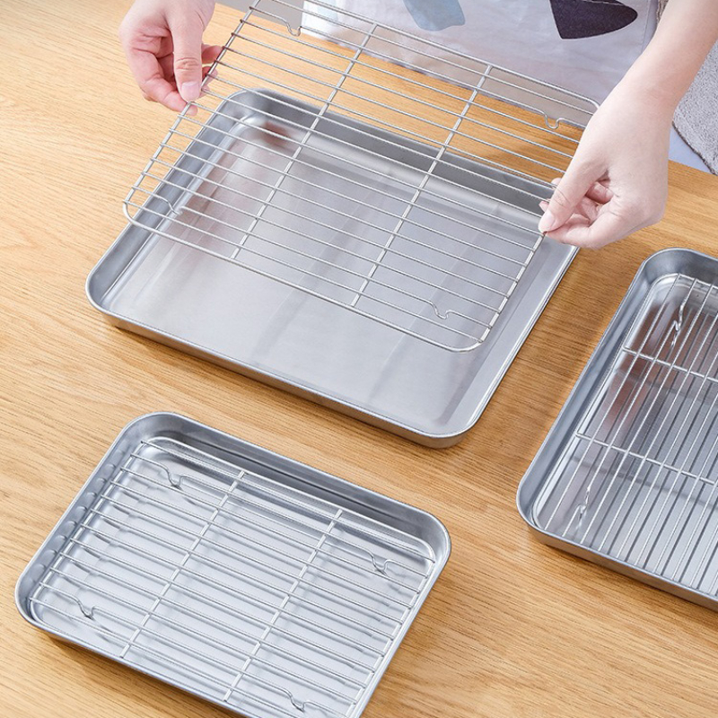 Roestvrijstalen bakplaat Lade met olieafvoer Mesh Grill Afvoer Taart Bakken Vierhoek Mesh Tray Koken Bakken Barbecue Gereedschap