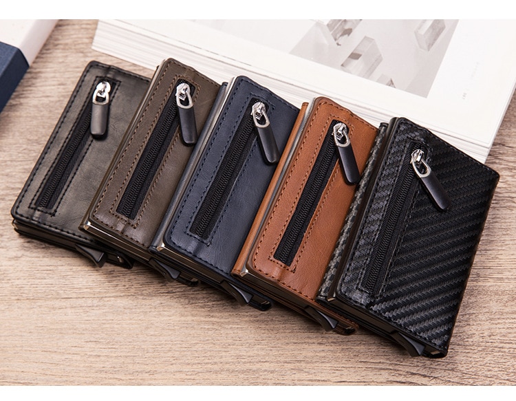 Cartera de cuero Pop Up funda de tarjeta imán de fibra de carbono monedero caja de aluminio Tarjeta de la cartera RFID hombres cartera titular de la tarjeta