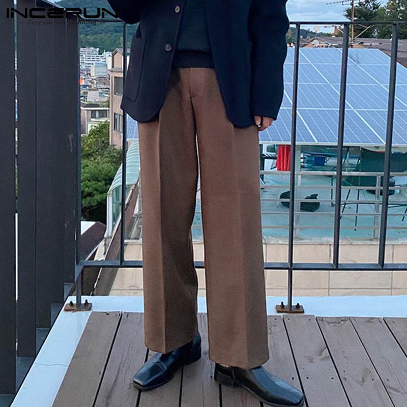 INCERUN Men Leisure Solid Color Pants Spring Casual Straight Trousers Man Loose Zipper Bottoms Korean Style Pantalones 5XL
