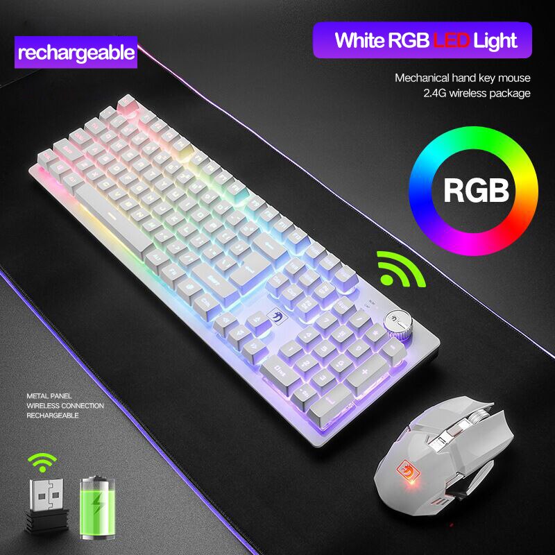 Recharging Wireless Keyboard Gaming Mechanical Feeling Keyboards RGB Backlit 2.4g Wireless Mouse 2400dpi Pc Gamer Keypad Punk: RGB white