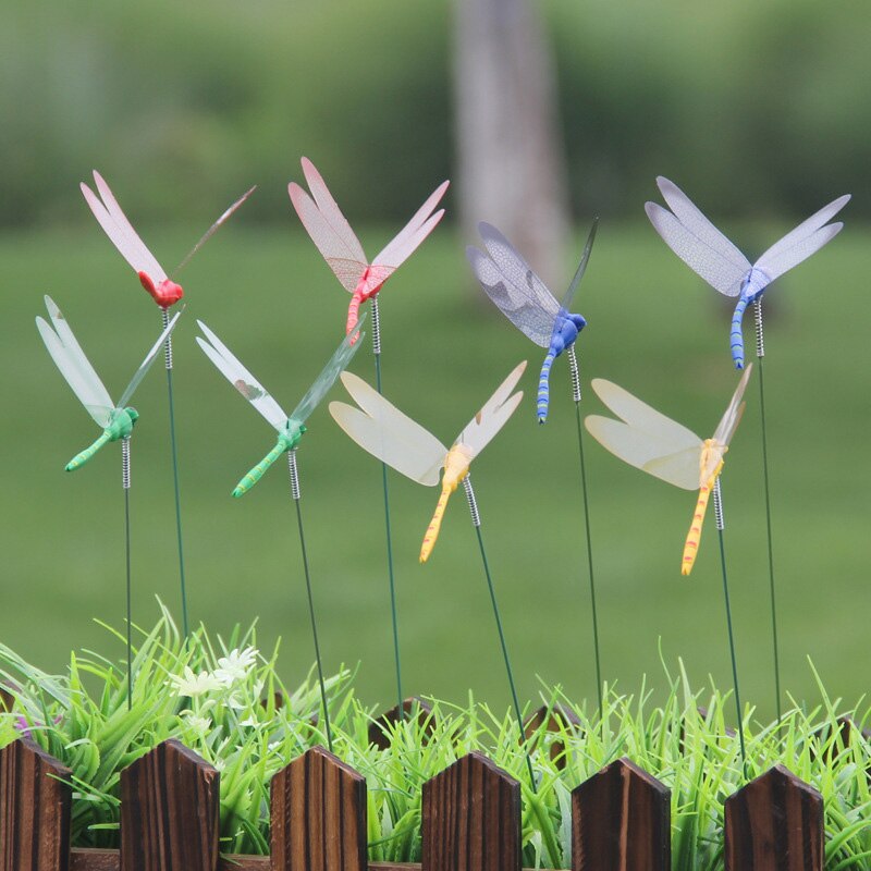 10 Stks/partij Kunstmatige Dragonfly Vlinders Outdoor 3D Simulatie Dragonfly Stakes Yard Plant Gazon Decor Stok Tuin Decoratie