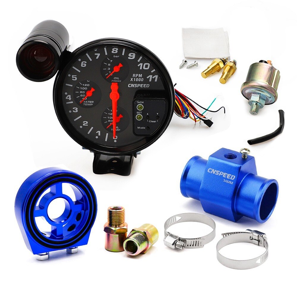 Tachymètre de voiture 5 &quot;4 en 1 avec lumière de changement de vitesse, compteur d&#39;eau, jauge de température d&#39;huile, jauge de pression d&#39;huile et capteur adaptateur: 34 mm sensor