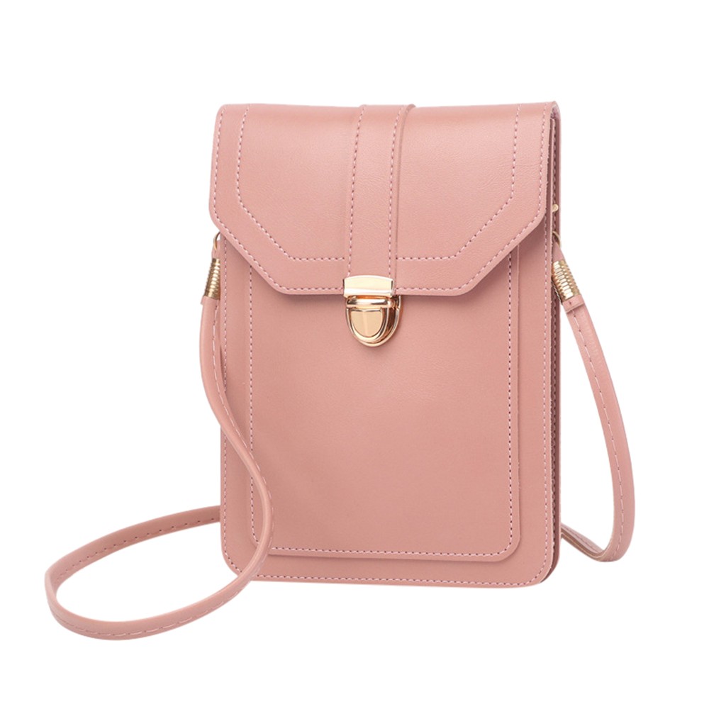 Sac en cuir pour Mini téléphone portable | Sacs à bandoulière, avec arrière latéral, fenêtre transparente pour écran tactile: Pink 