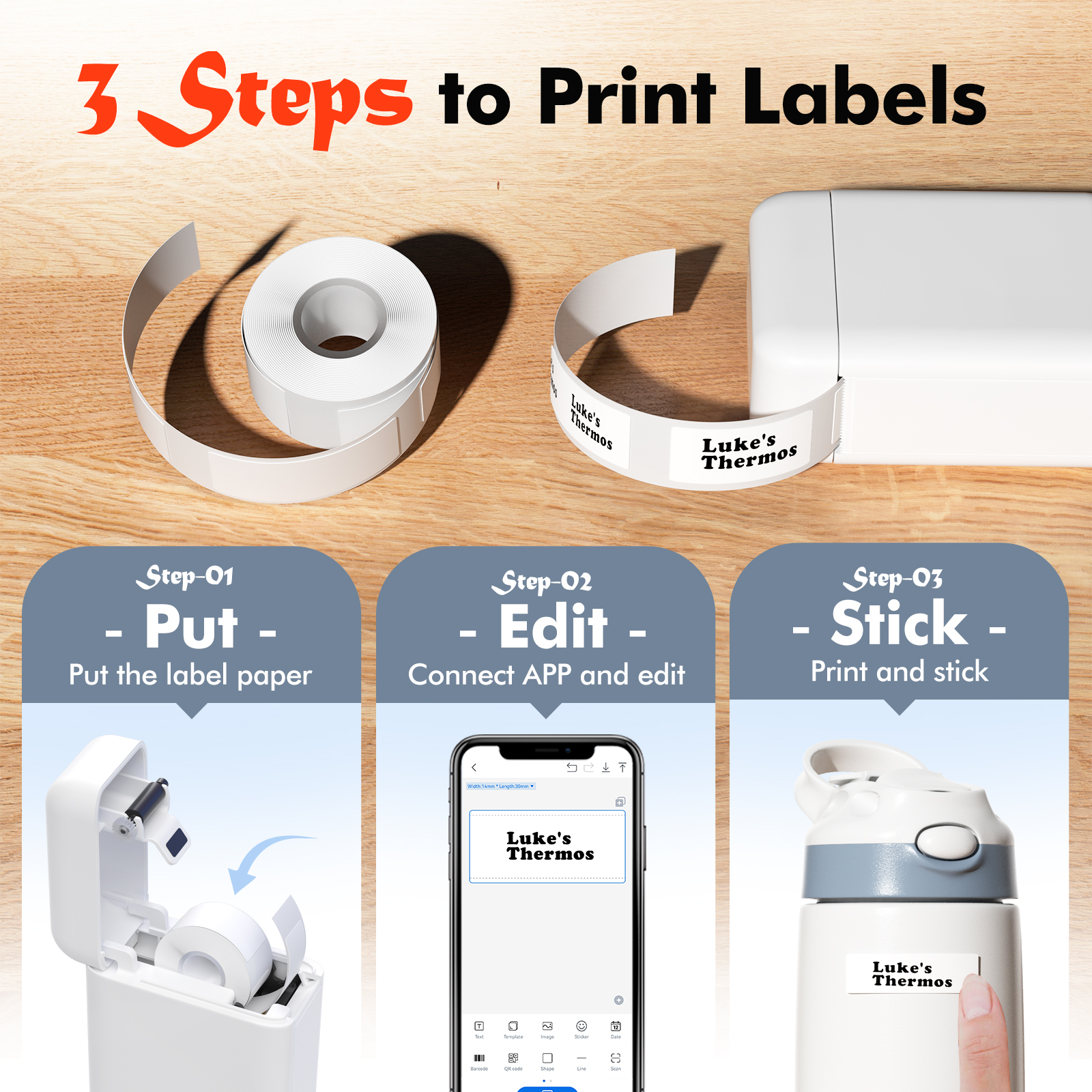 Mini Label Printer， Portable Thermal Printer ，Self-Adhesive Sticker Labeling Machine， Wireless Bluetooth，Inkless Printer