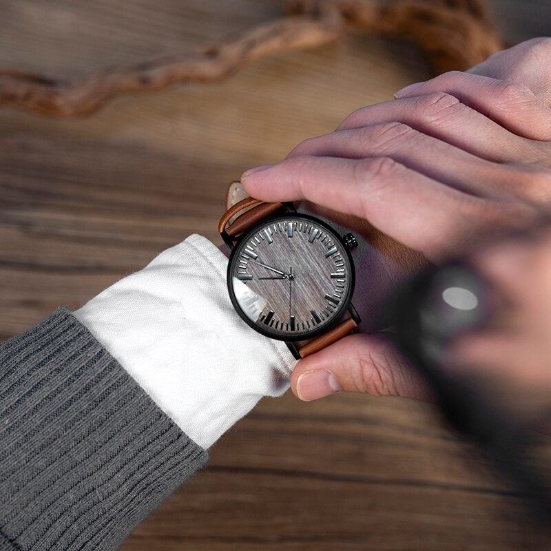 BOBO BIRD WE25 Mens Watch with Metal Case Wooden Dial Face Soft Leather Band Quartz Watches for Men Women