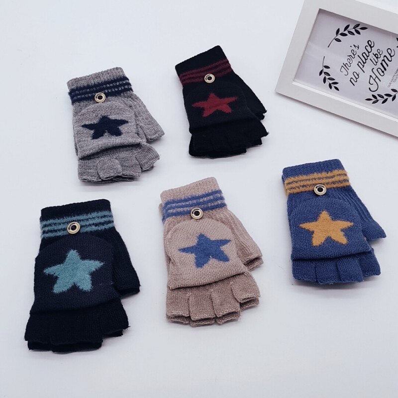 Children Gloves Baby Winter Star Pattern Versatile Cotton Knitt Half-finger Gloves Mittens Warm 8-14T