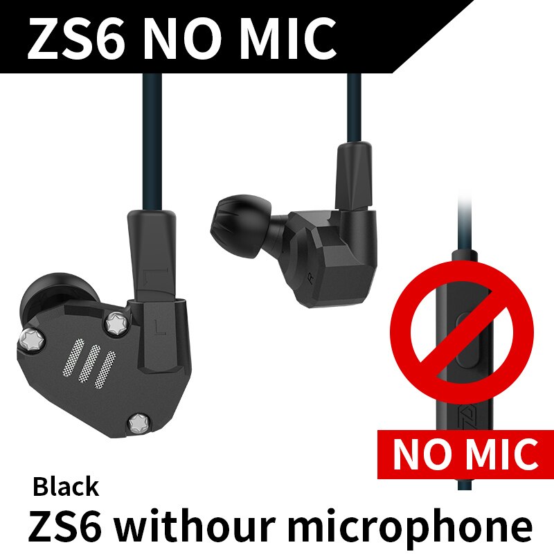 KZ-Auriculares con controladores 2DD + 2BA, monitores estéreo HIFI, deportivos, con tecnología híbrida, cancelación de ruido, para juegos, KZ ZS6 8: Black Without Mic
