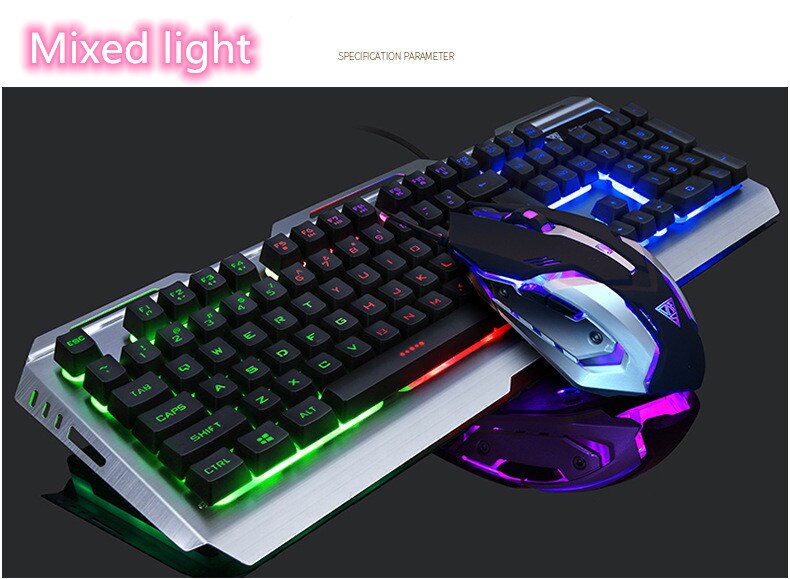 V1 USB Wired Gaming Keyboard Ergonomic Backlit Mechanical Feel and Mouse Set Tungsten Gold Gamer Laptop Computer Gaming Set: black Mixed light