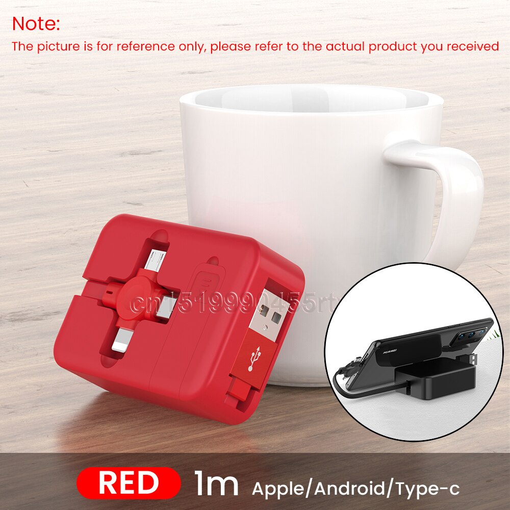 4 in 1 udtrækkelig 8 ben/usb type c/micro usb kabel til iphone 13 12 pro 1m mobiltelefon oplader datakabel ledning med telefonstativ: Rød