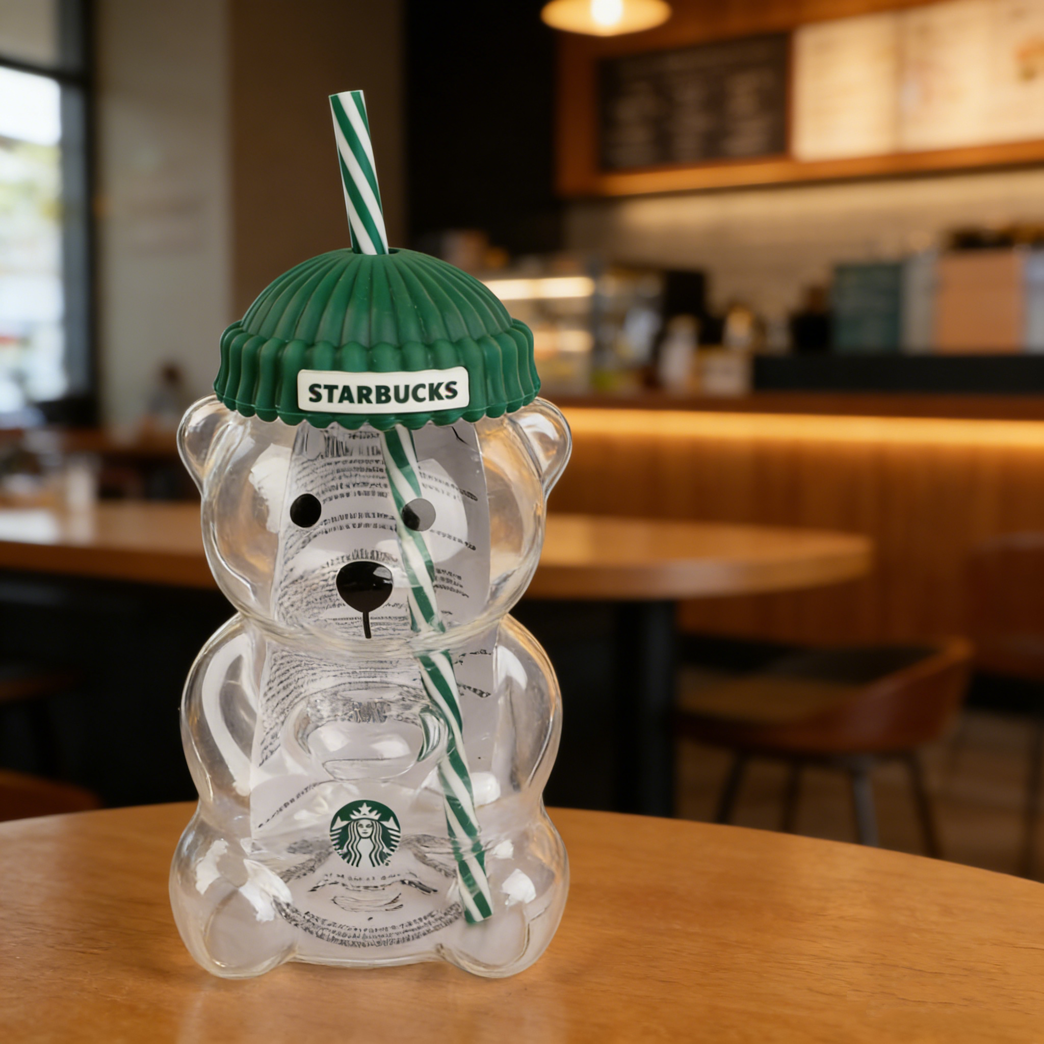 Starbucks Bearista Bären-Glasbecher 591ml Grüner Deckel Strohhalm Café Zuhause
