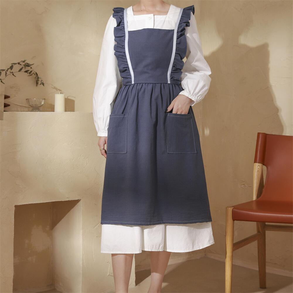Washed Cotton Linen Kitchen Apron For Cooking Baking Flower Shop Ruffles Work Clean Apron for Woman Uniform Lady Dress