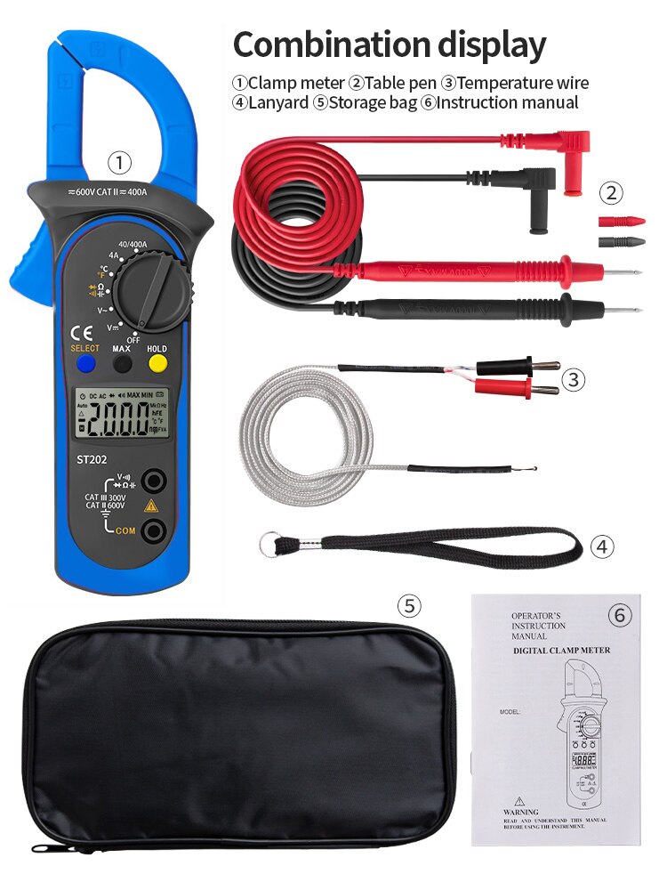 ANENG ST202 Digital Clamp Multimeter Resistance Ohm Transistor Testers AC/DC Current Voltmeter Lcr Clamp Meter with Temperature: ST202 Blue