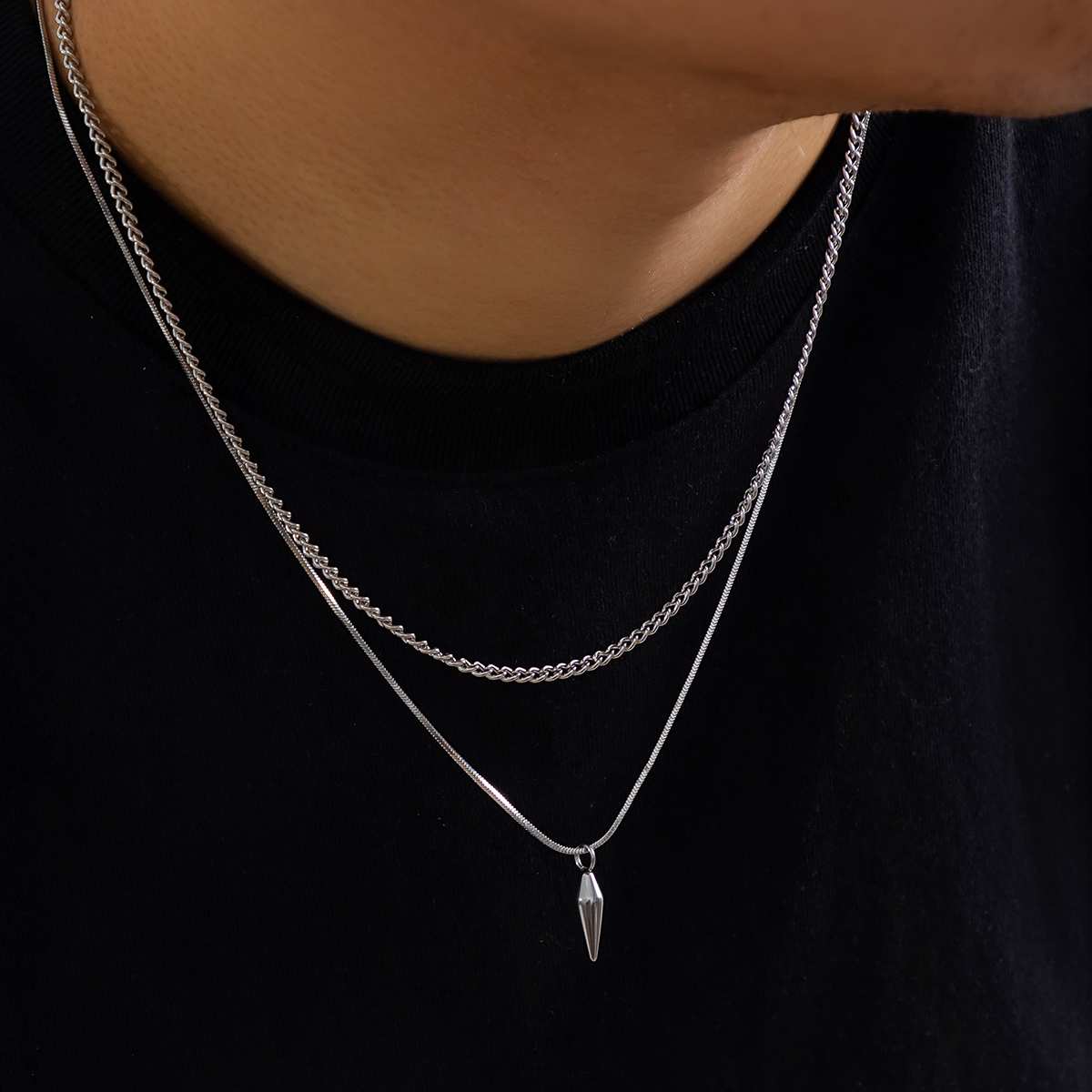 KunJoe 2 unids/set de colgante de remache de Metal de acero inoxidable, collar de cadena de serpiente fina para hombres, gargantilla de cadena de eslabones cubanos de Color plata Punk