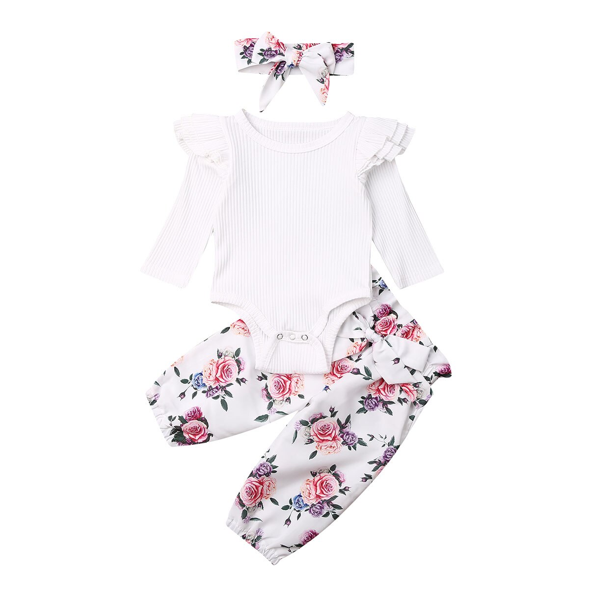 3Pcs Infant Baby Girls Tops Romper Floral Pants Outfits Set Clothes: White / 18M