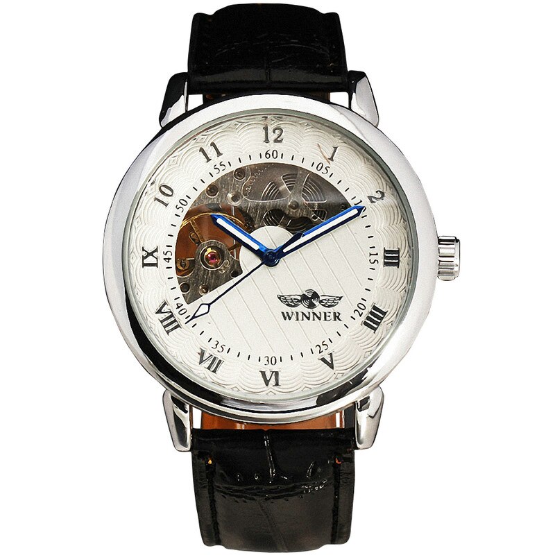 Luxe Gold Mechanical Hand Wind Horloges Mannen Lederen Band Mechanische Horloges Mannen Goedkope Prijs Montre Homme: WHITE