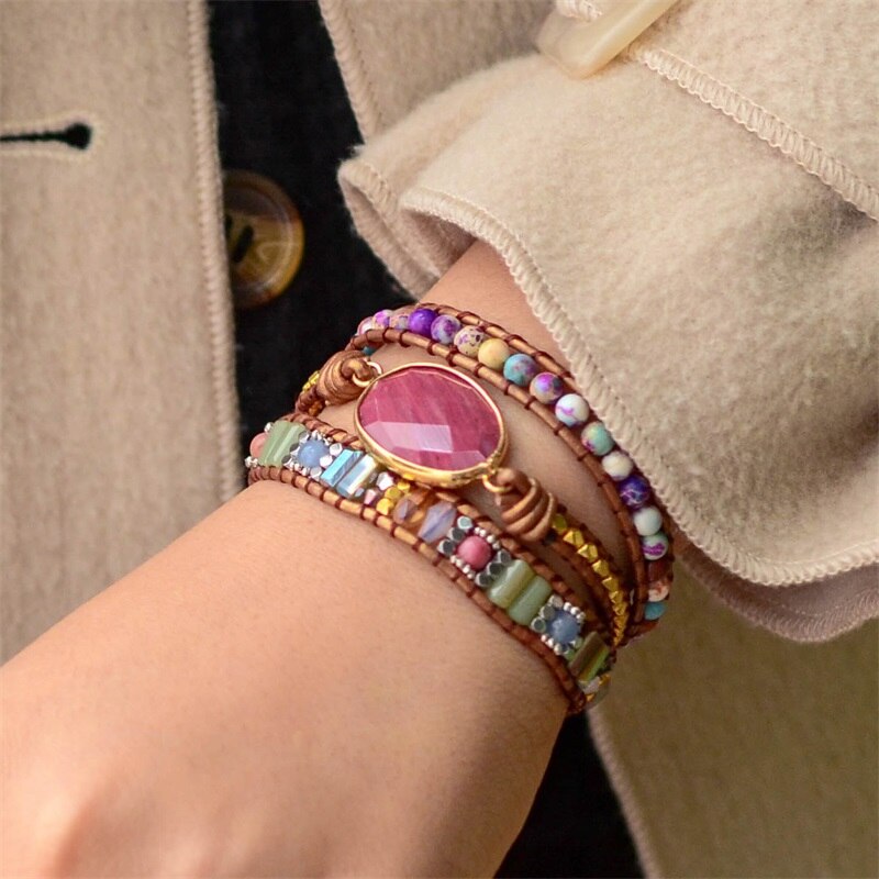 Boho Lederen Armband Rode Steen Armbanden Handgemaakte