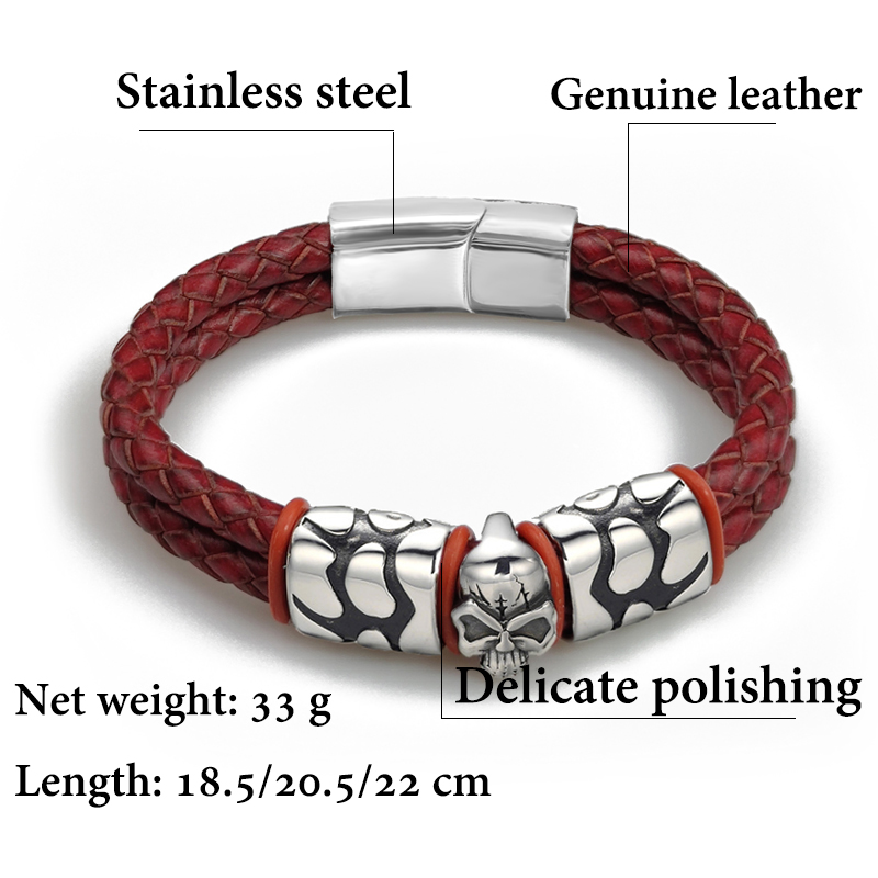 Bohemian Ghost Head Stainless Steel Bracelet Braided Leather Cloud Accessories Men&#39;s Bracelet 7 Day: clouds red / 18.5cm