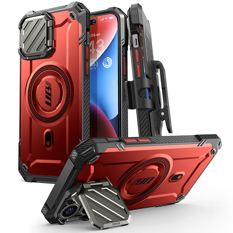 SUPCASE-funda robusta de cuerpo completo para iPhone 14 Pro Max/13 Pro Max, UB Mag XT, con cubierta de cámara y soporte incorporado: Rojo