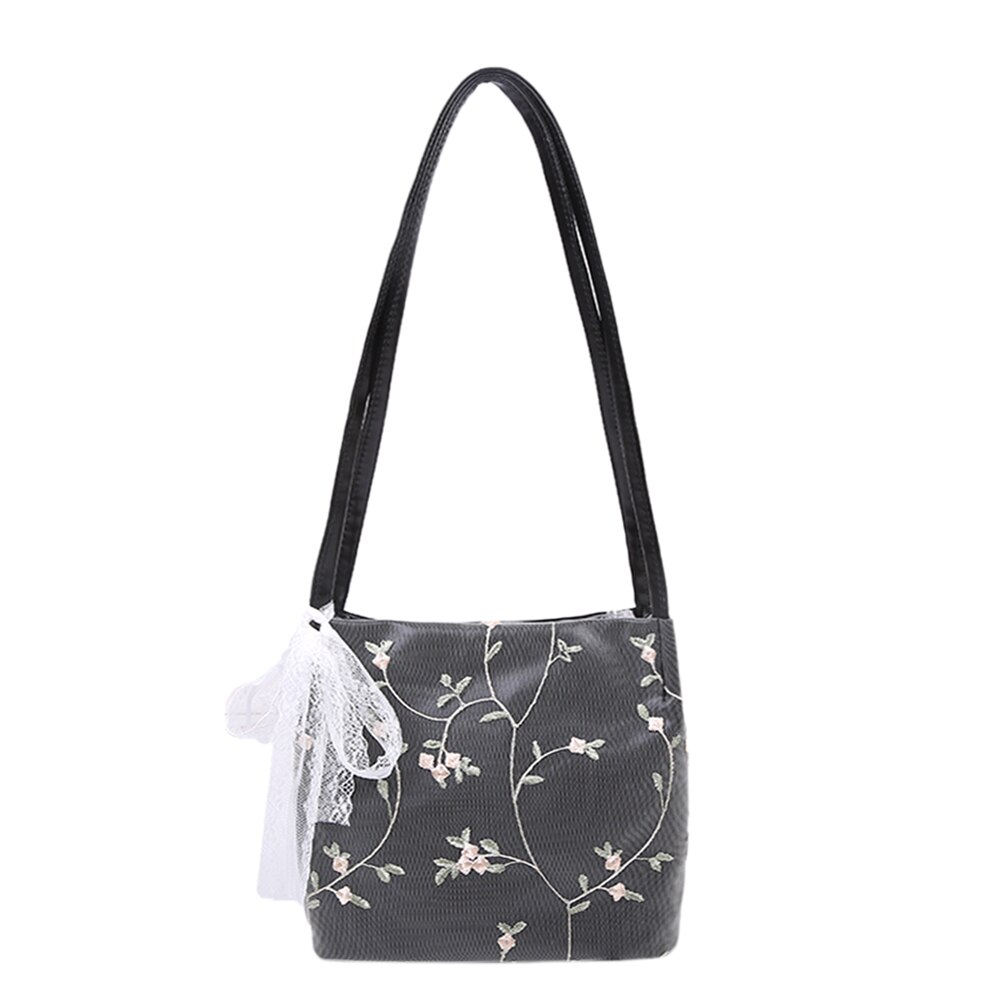Spitze Blume Frauen Handtasche Elegante Totes Eimer Schulter Taschen PU Leder Weibliche Reise Strand Einkaufen Handtasche: Schwarz