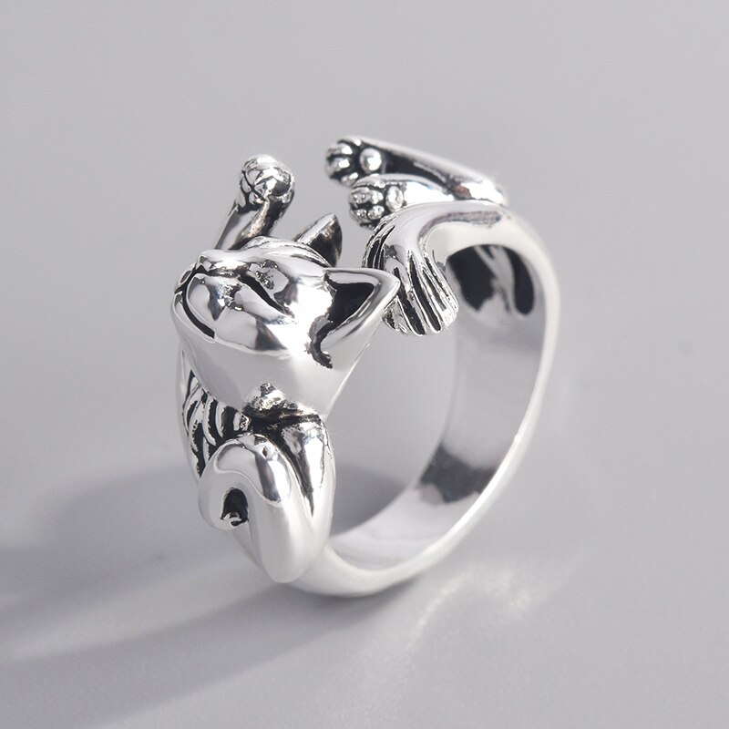 Retro Neutrale Slaap Kat Open Finger Ring Unieke Mode Dier Punk Ring Voor Mannen Vrouwen Verstelbare Vingers Sieraden