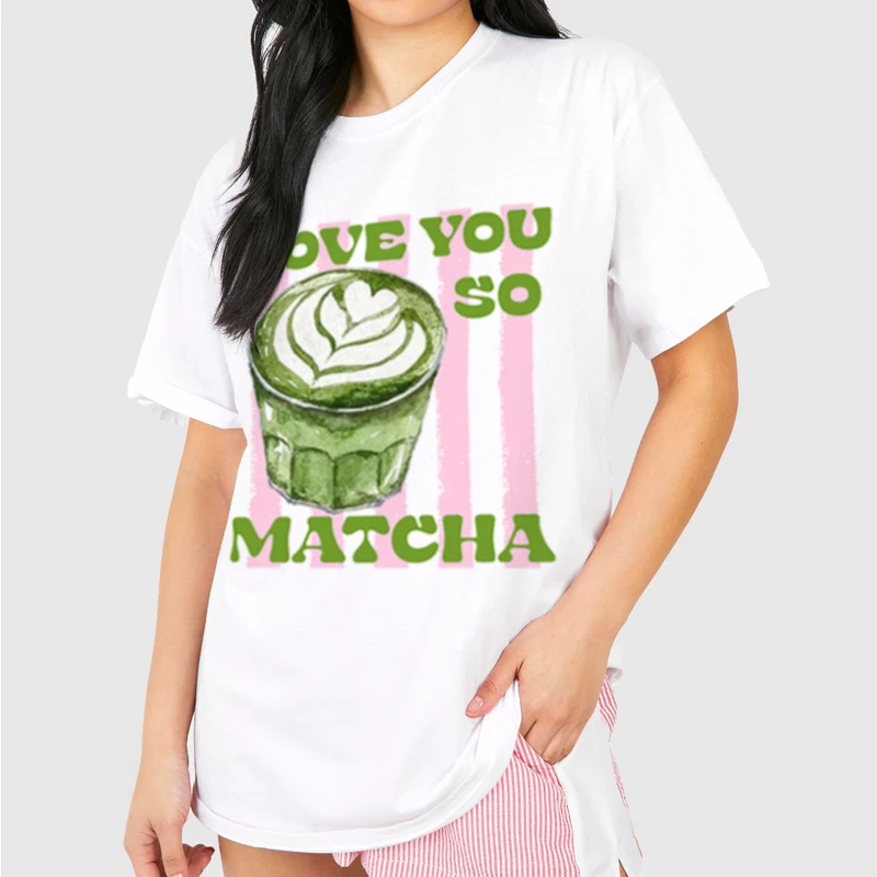 Love You So Matcha T-Shirt Cute Funny Matcha Lover T Shirt Retro Aesthetic Matcha Latte Graphic Tees Women Short Sleeve Top