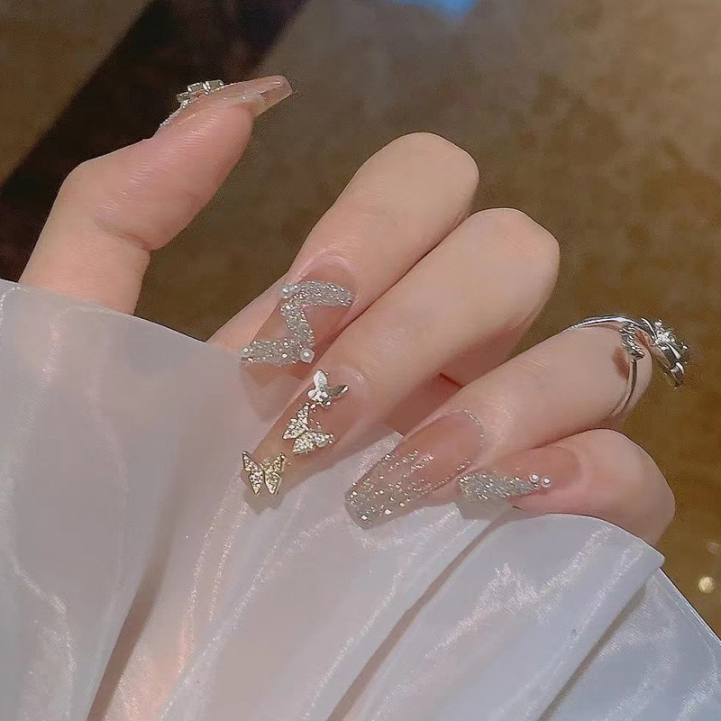 24pcs/box Stick On Nails with glue bear bow false nails bling press on nails nail supplies for professionals full cover: 168