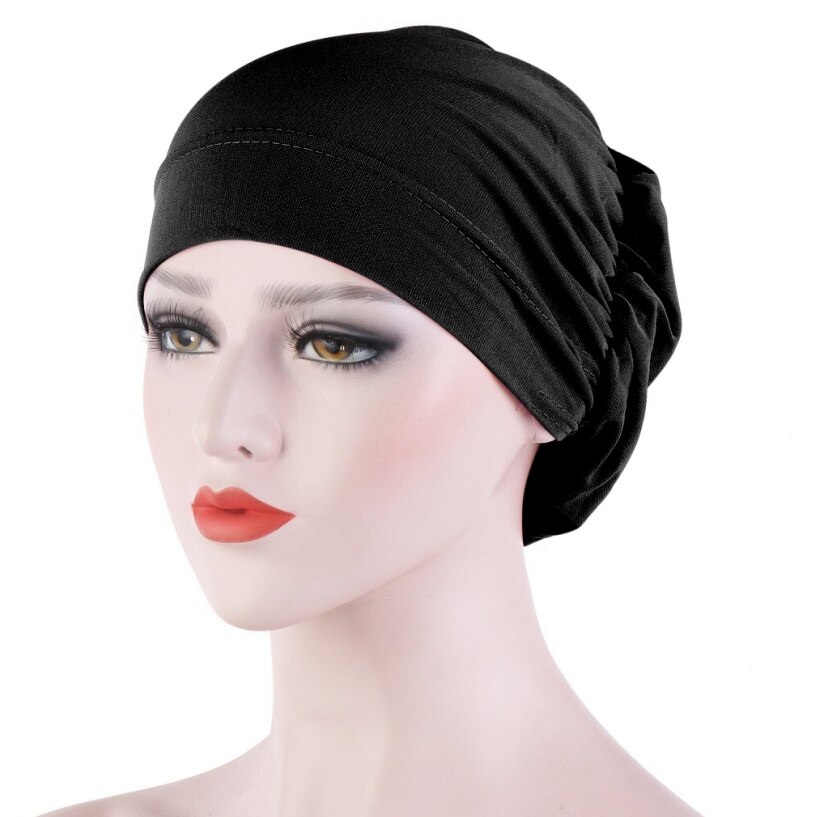 Vrouwen haaruitval sjaal elastisch dame kanker chemo pet moslim tulband hoed arab hoofddoek muts hoofddeksels skullies effen kleur: Zwart
