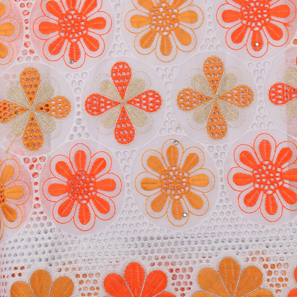 Oranje en witte katoenen kant stof, kant stijlen nigeria, geborduurde stoffen met stones voor jurken KS2951B-5