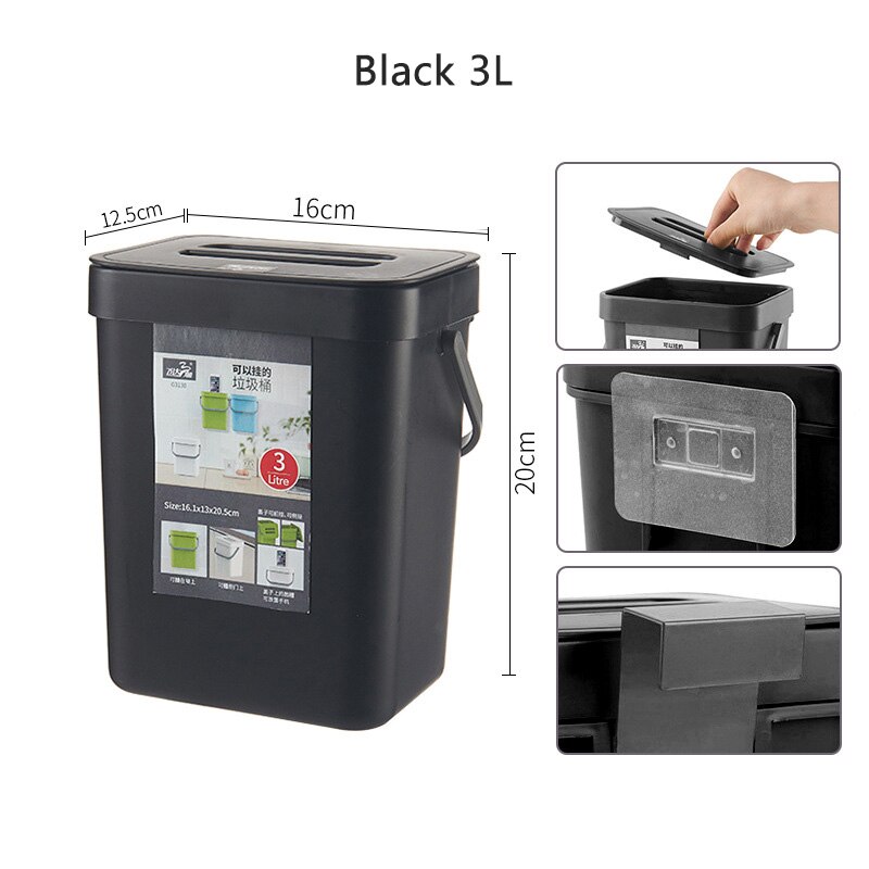 Kitchen Rubbish Bin Wall Mounted Trash Can Home Kitchen Cabinet Door Hanging Trash Garbage Bin Can Rubbish Container Trash Can: Black 3L