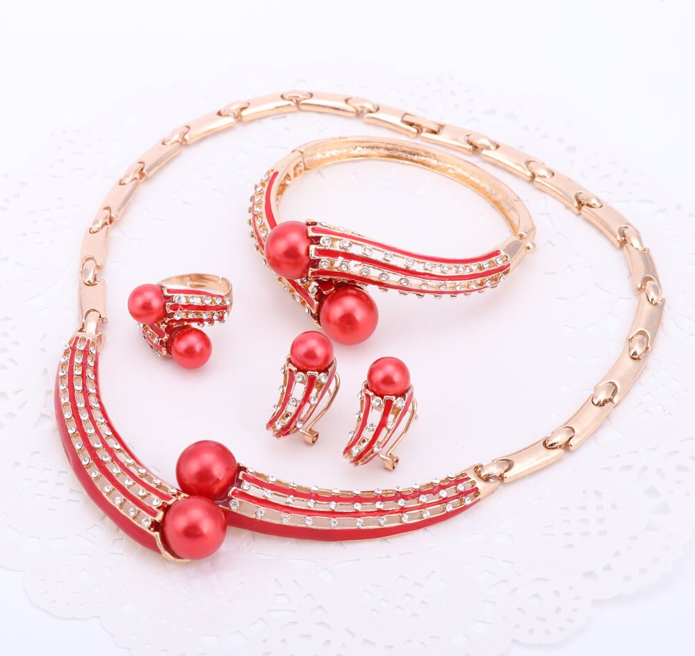 Gold Farbe Schmuck setzt Frauen Schmuck-einstellen/Hochzeit Zubehör Für Frauen Simulierte Perle Kristall Halskette setzt 2 Farben: rot
