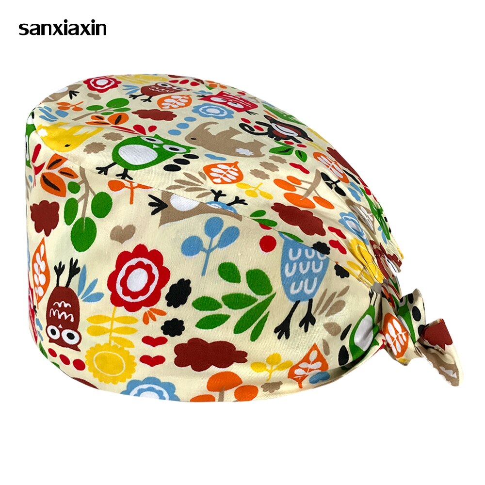 Unisex cotton and linen cartoon cute printing nursing hat lab spa pet shop working cap breathable nurse head caps