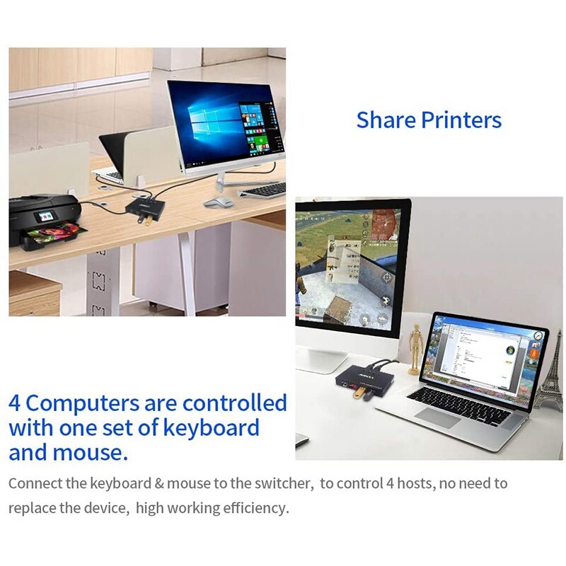 USB 2.0 Printer KVM Share Switcher Splitter Box for 4 PC Sharing Printer Keyboard Mouse KVM 4K USB HDMI Switch