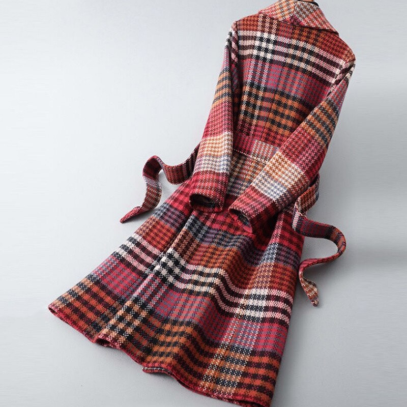 Plaid Wolle Tuch Mantel Frauen Herbst Winter Gürtel Schlank groß drehen-unten Kragen Lange Jacke lässig outwear KW338