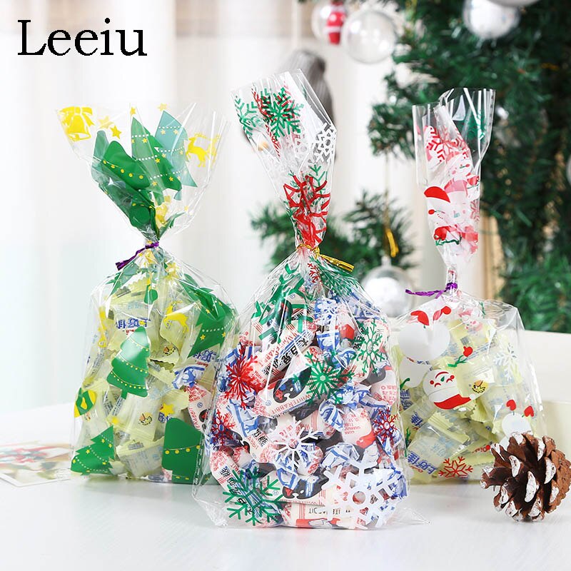 Leeiu 50 Stuks Kerst Decoratie Cookie Verpakking Plastic Zakken Kerst Cellofaan Sneeuwvlok Candy Bag Kerst Voor